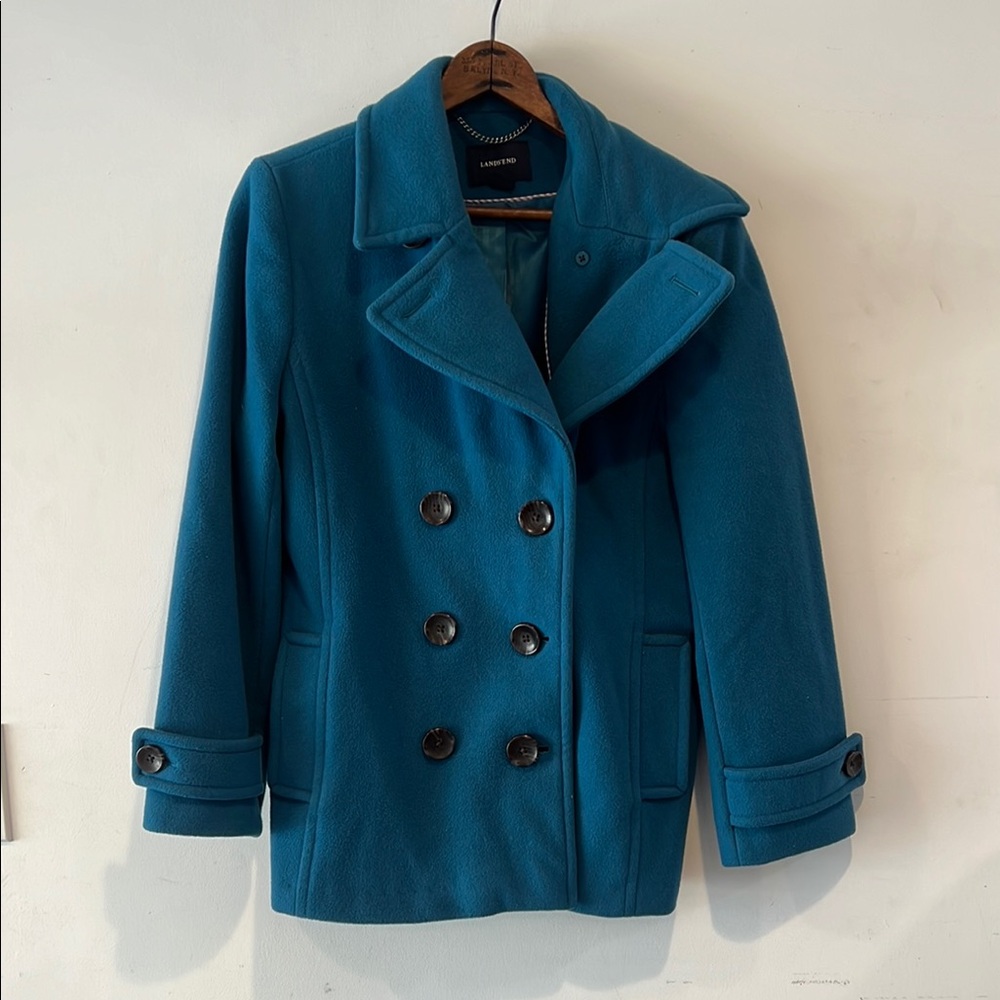 Lands' End Blue Pea Coat with Notched Lapels